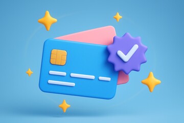 3D rendered blue and pink credit cards with a purple verified checkmark
