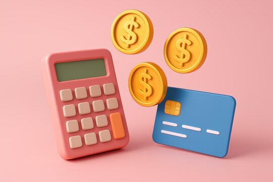 3D render of a pink calculator, blue credit card, and gold coins