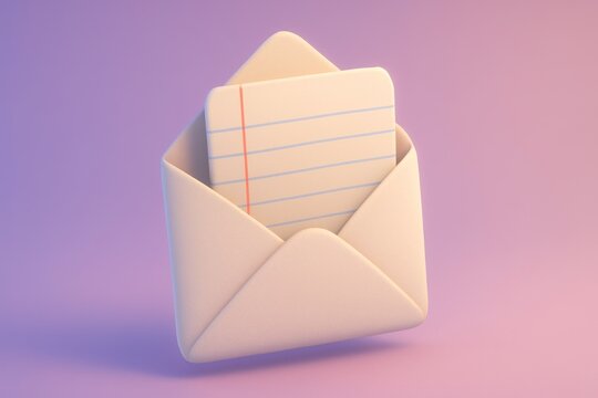 3D render of a stylized opened envelope holding lined paper