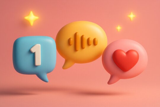 3D render of speech bubbles number 1, sound waves, heart, glowing stars