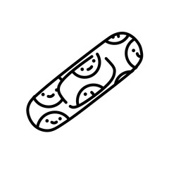 Minimal vector illustration of a cute patterned bandage with smiley faces, health and care concept in black and white line art.
