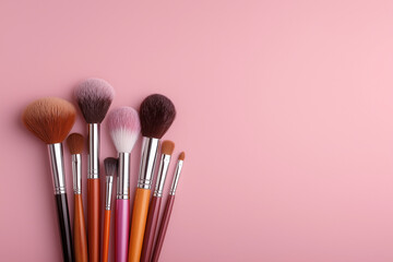 Collection of colorful makeup brushes on soft pink background