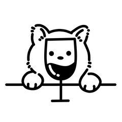 Cute minimalist line art of a cat peeking over a wine glass, funny pet and drink concept, black and white vector illustration.
