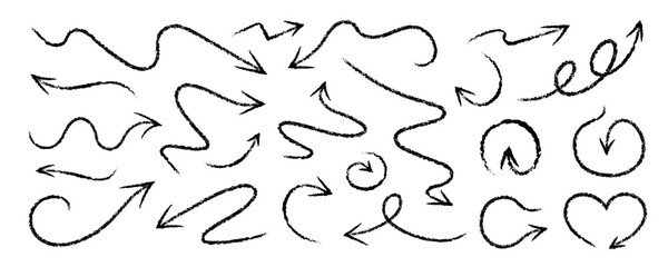 Crayon Arrow Squiggle Vector Icon Set. Chalk Scribble Pointer Shape Collection. Rough Hand Drawn Brush Texture Rustic Swirl Mark. Pencil Emphasis Elements Charcoal Doodle Curved Paint Symbols Bundle