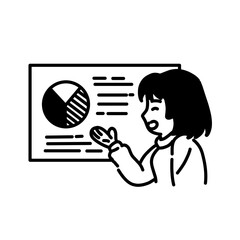 Simple black and white illustration of a woman giving a presentation with a chart, business education and training concept.