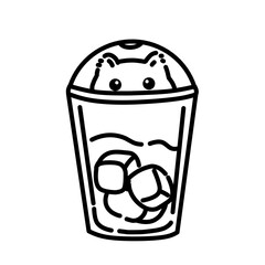 Cute cat sitting inside a cold drink cup with ice cubes, minimalist black and white vector illustration, funny and cozy cafe-themed artwork.