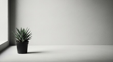 A potted cactus on a white table against a white wall.