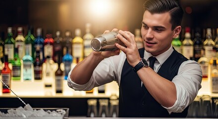 A bartender skillfully mixes a cocktail in a shaker at a dimly lit bar.
