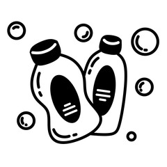 Minimalist black and white illustration of two shampoo bottles with bubbles, clean hygiene concept, vector line art style for packaging or beauty design.