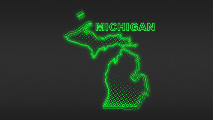 Neon Green Michigan Map Outline Futuristic Digital Glow Halftone Illustration