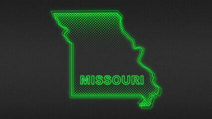 Neon Green Missouri Map Outline Futuristic Digital Glow Halftone Illustration