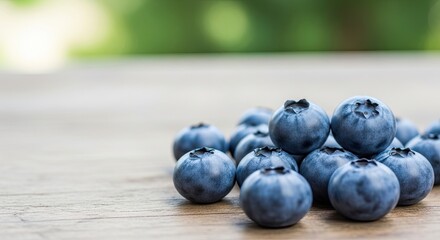 Blueberries on a wooden table with a blurred green background.