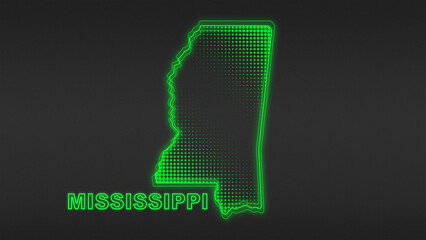 Neon Green Mississippi Map Outline Futuristic Digital Glow Halftone Illustration