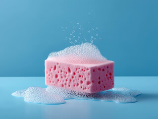 Pink sponge with foam on blue surface close-up view
