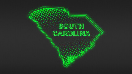 Neon Green South Carolina Map Outline Futuristic Digital Glow Halftone Illustration