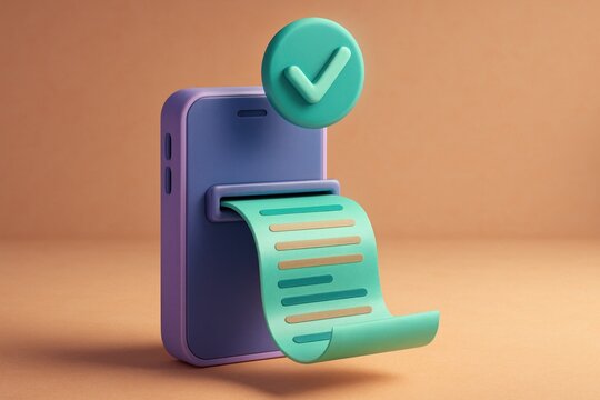 3D rendered smartphone printing a receipt with a checkmark