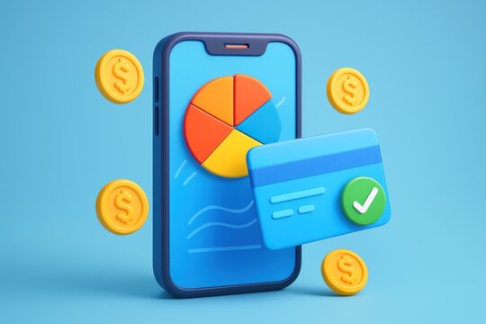 3D rendered smartphone displays finance chart, coins, credit card - Powered by Adobe