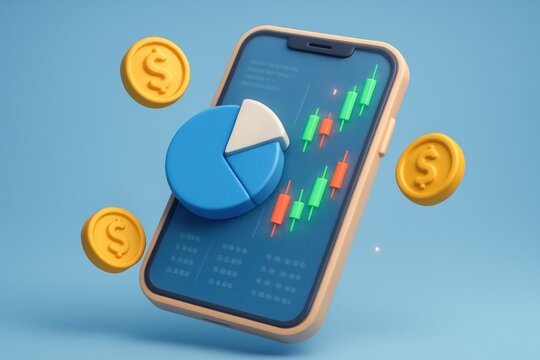 3D smartphone displays stock charts, pie chart, and coins