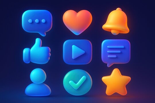 3D social media icons with vibrant gradient glows on dark background