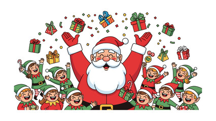 Holiday Cheer with Jolly Santa and Elves: Santa Claus, radiating pure joy, surrounded by a chorus of gleeful elves, with vibrant gift boxes dancing in the air.