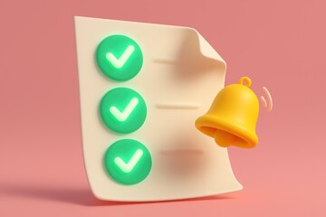 A 3D rendered checklist with three glowing green checkmarks and a ringing bell