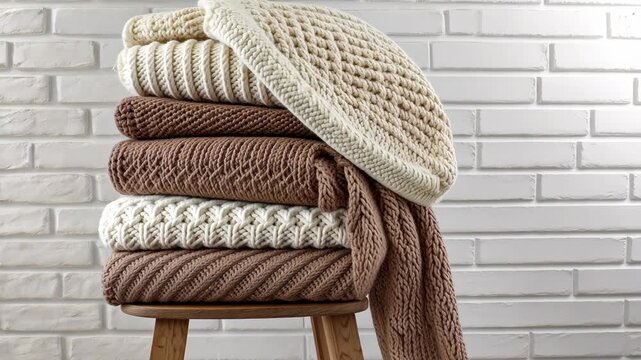 Soft blankets in warm tones are neatly stacked on a stool, enhancing the cozy feel of the room with a comforting ambiance