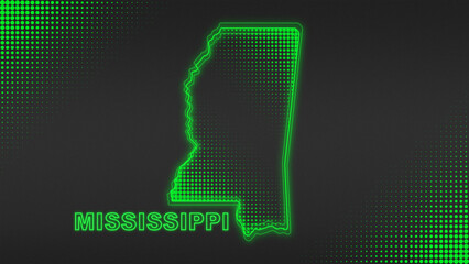 Neon Green Mississippi Map Outline Futuristic Digital Glow Halftone Illustration
