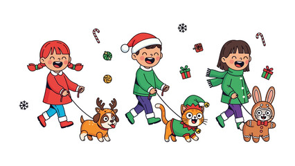Holiday Joy and Canine Companions: Animated children are filled with delight as they lead their adorable pets on a festive outing.