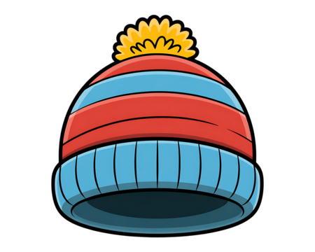 Cartoon knit beanie hat with pom pom on black background