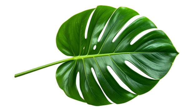 Close-up of a vibrant, glossy, green tropical leaf with distinctive fenestrations