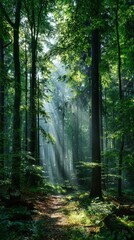 Fototapeta premium Forest Landscape with Sun Rays Piercing Through Trees, Serene Nature Scene