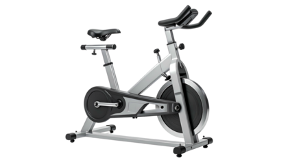 Metallic indoor cycling bike in a studio-like setting, offering a modern fitness equipment aesthetic