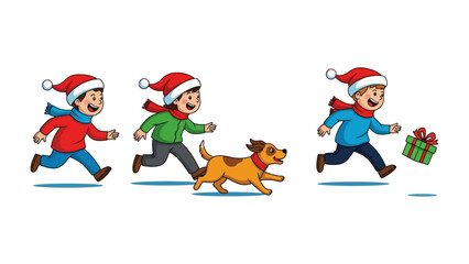 Holiday Run: Playful children, adorned in festive attire and accompanied by a cheerful canine companion, dash with glee. A vibrant Christmas gift adds to the excitement