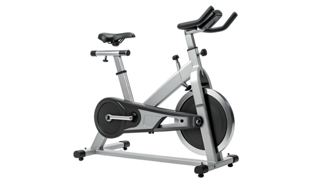 Metallic indoor cycling bike in a studio-like setting, offering a modern fitness equipment aesthetic