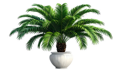 Lush, digitally rendered cycad in white decorative planter against black background
