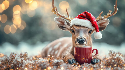Cute deer Christmas santa hat sipping hot cocoa from miniature cup with blurred festive lights, funny holiday stock meme, cozy playful scene, copy space