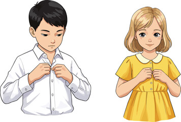 Children buttoning shirts and dresses, cartoon kids dressing moment, white shirt, yellow dress, fine motor skill, self-care illustration