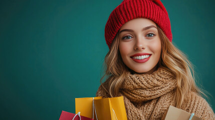 Cheerful woman in winter attire and santa hat carrying colorful shopping bags after seasonal holiday sales and promotional events
