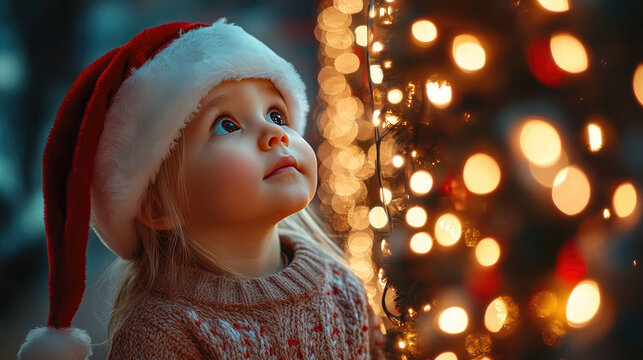 little child in santa hat looking at christmas lights with amazement magical holiday moment cozy festive atmosphere wonder joy winter celebration