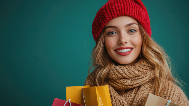 Cheerful woman in winter attire and santa hat carrying colorful shopping bags after seasonal holiday sales and promotional events
