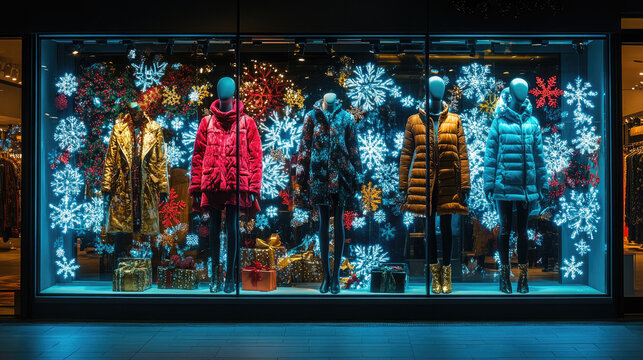 Glowing mannequins displaying winter fashion behind festive shop window, presenting seasonal clothing with sparkling holiday decorations and elegant styling