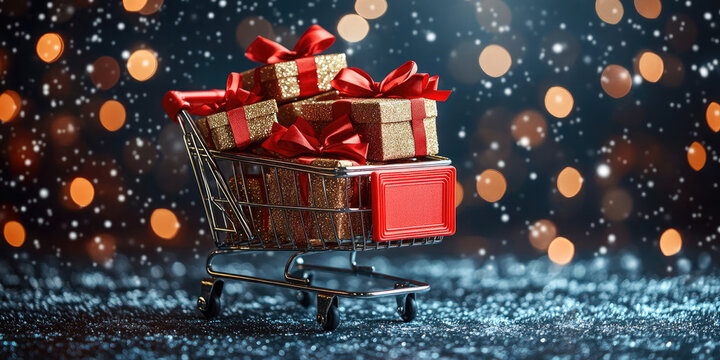 Miniature shopping cart full of christmas gifts with red ribbons and golden paper with blank red label on a sparkling surface with christmas lights and falling snow in the background