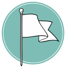 Simple line art white flag icon on a pole waving within a teal circular button graphic illustration