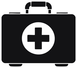 Obraz premium Black and white first aid kit illustration with handle and circular medical cross on front