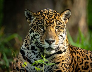 Obraz premium Close-up of a majestic spotted big cat in its natural environment, gazing directly at the viewer