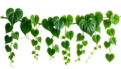 Lush green heart-shaped leaves trail down from a vine, set against a stark black background