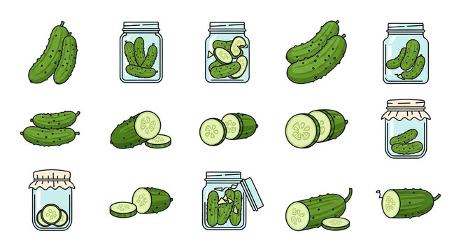 Cartoon Illustration of Pickles and Pickled Cucumbers
