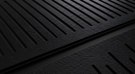 Close-up of black textured surface with linear grooves, creating a geometric pattern