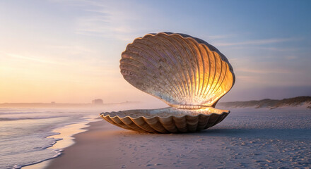 Giant Golden Seashell on Sunset Beach - Luxury and Coastal Fantasy Concept