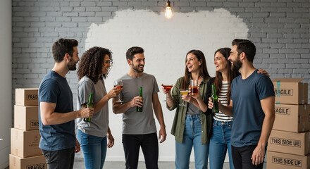 Friends toasting in kitchen with beer and cocktails, celebrating with drinks in new home. Friends toasting are happy with beverages after unpacking boxes, sharing joy in kitchen.